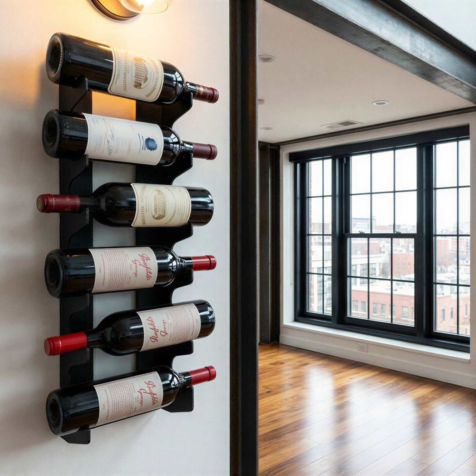 Kiara wall mounted wine rack made of heavy-duty mild steel with a sleek modular industrial design