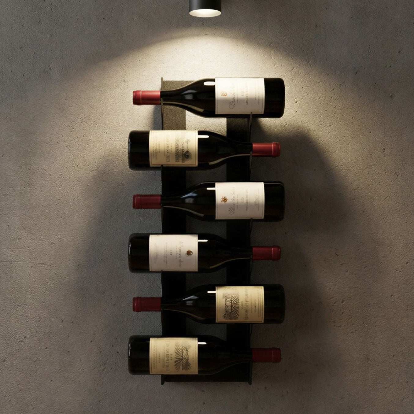 Kiara Wall Mounted Wine Rack in heavy-duty mild steel with modular, minimalist design and alternating-face bottle display