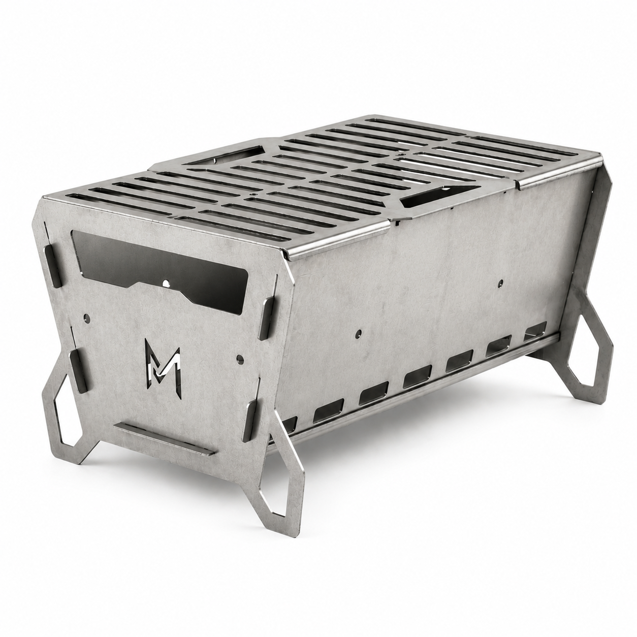 Stainless steel modular camping braai made from corrosion-resistant 3CR12 steel with flat-pack design and carry bag