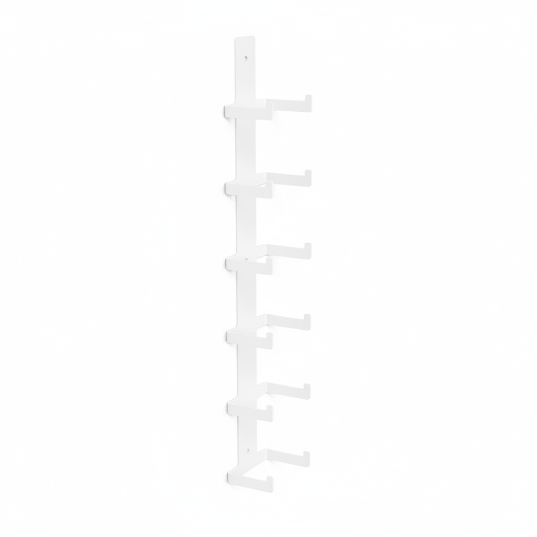 Wall mounted wine rack holding six bottles with minimalist modular design