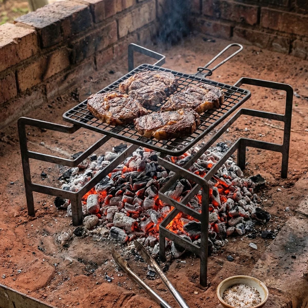 Raw steel braai grid stands with heavy-duty 4mm mild steel construction and triple-tier heat zones for stable, modular outdoor cooking