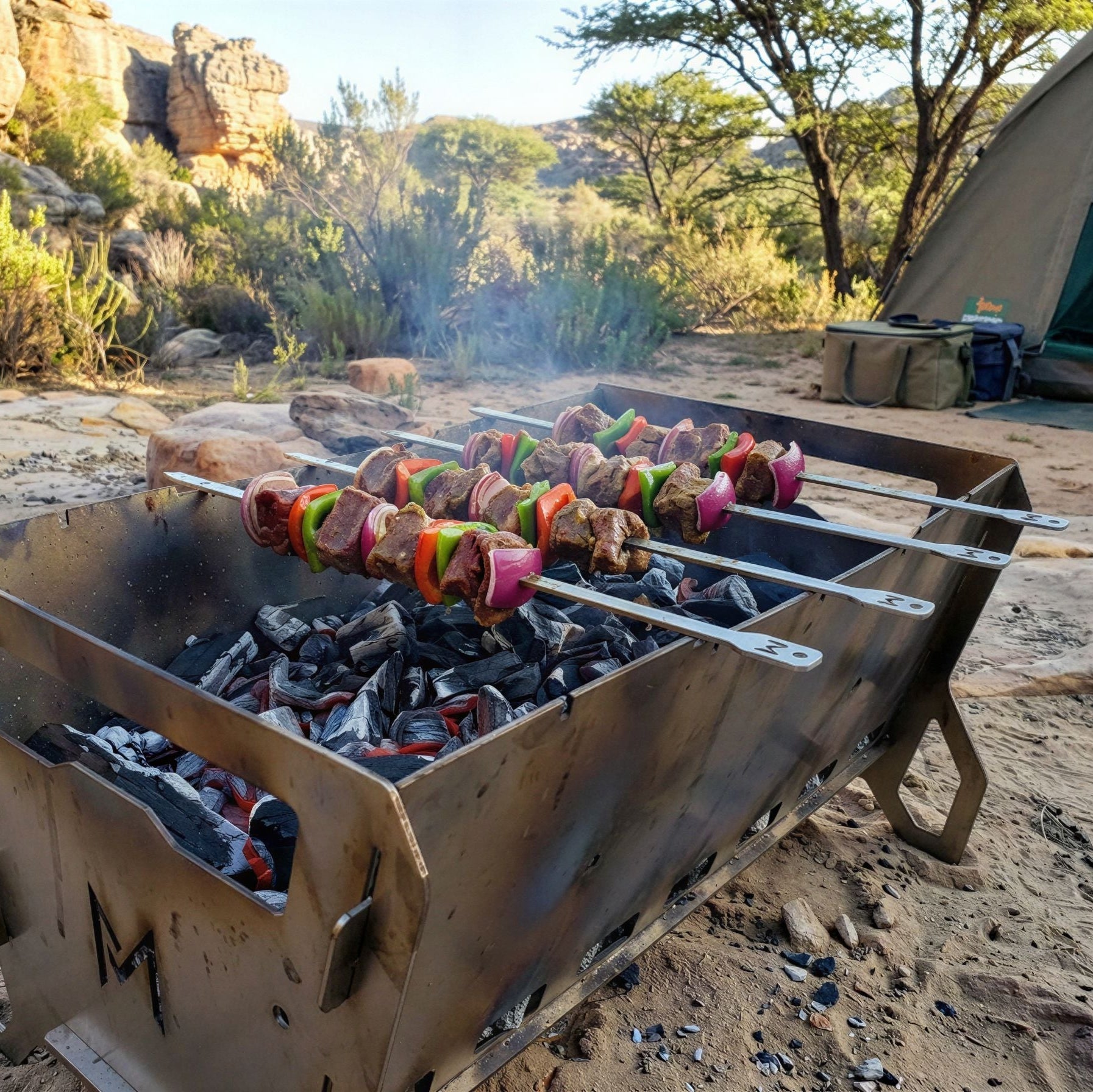 Stainless steel camping braai flat-packed and assembled, made of corrosion-resistant 3CR12 steel for durable outdoor grilling
