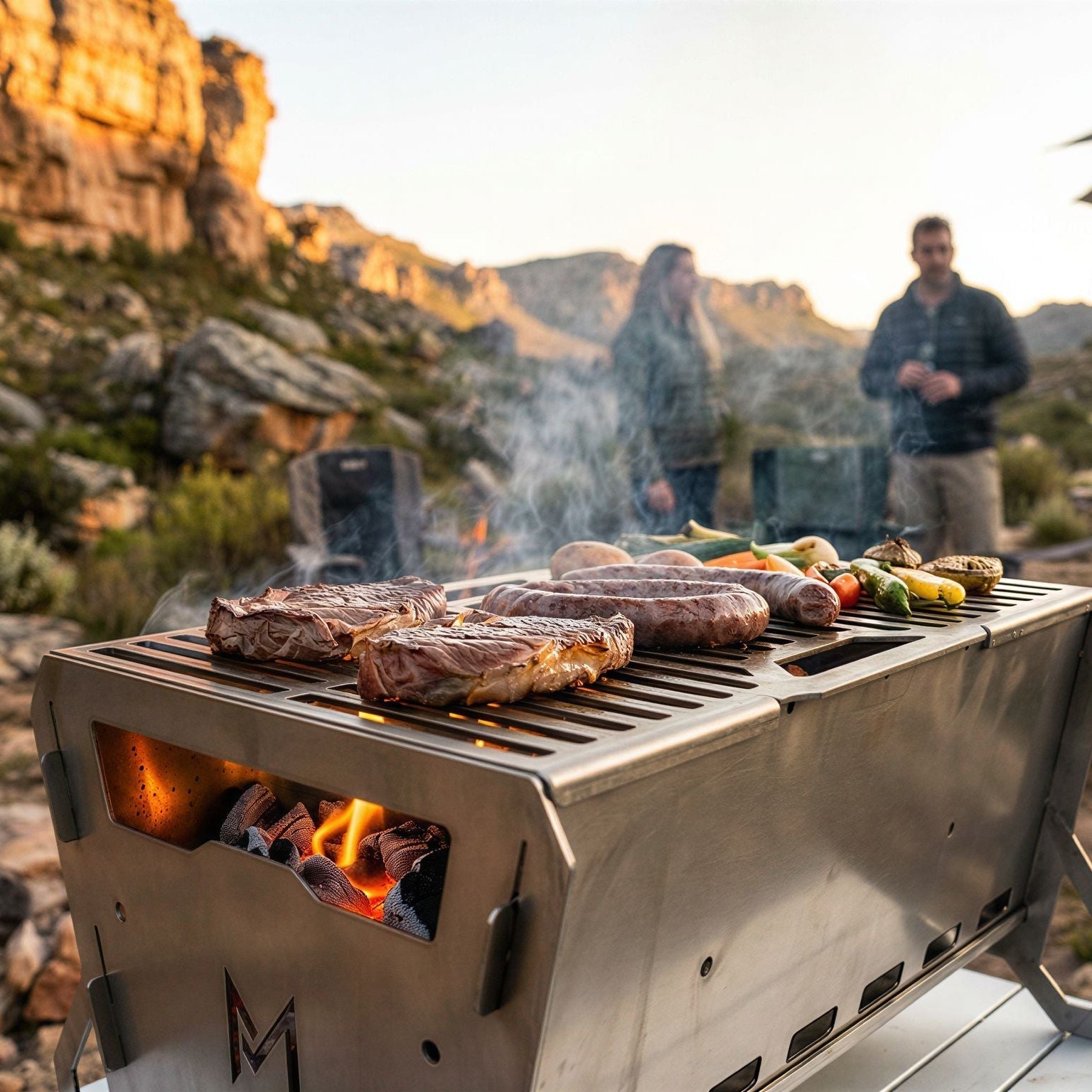 Stainless steel camping braai made from corrosion-resistant 3CR12 steel with flat-pack design for easy transport and durable outdoor cooking.