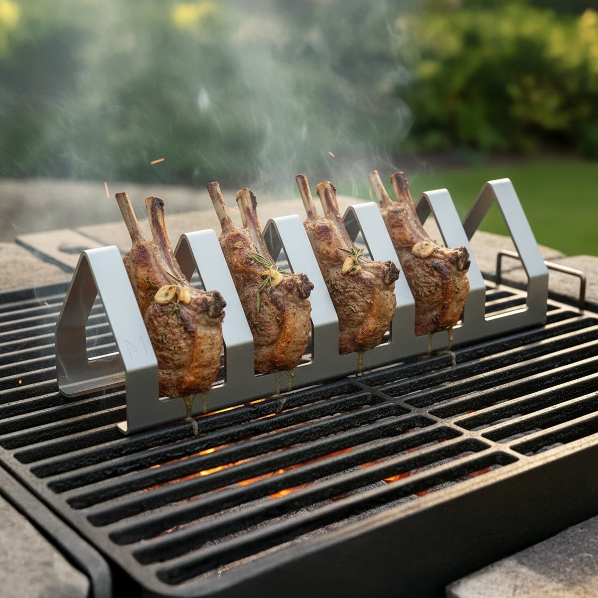 Stainless Steel Tjop Stand with lamb chops grilling on barbecue rack, rust-proof 304 stainless steel holder