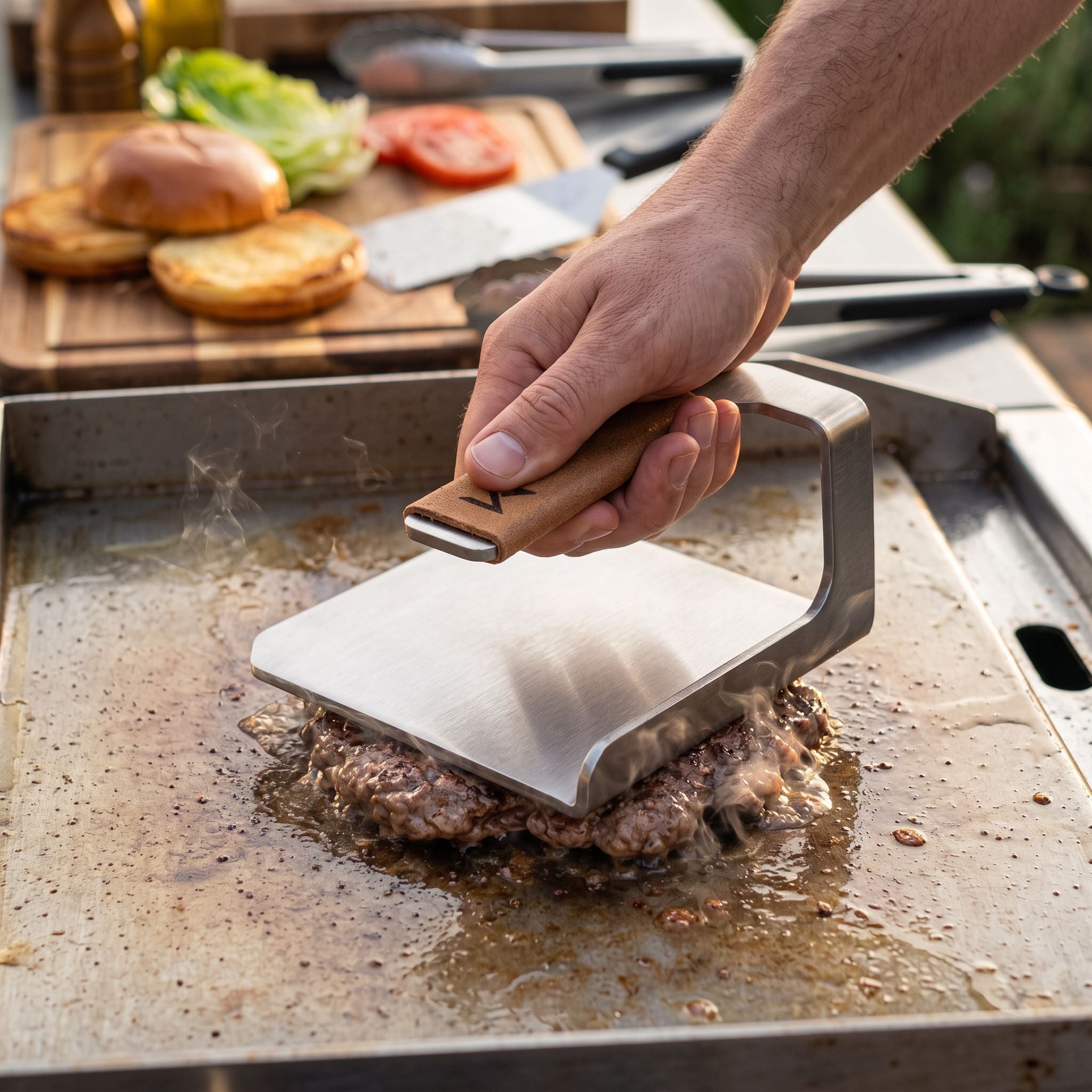 Metaal Burger Press stainless steel burger press with hand-stitched leather handle for smashing burgers