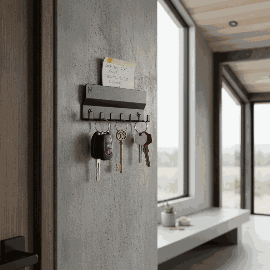 Metal key and correspondence holder with magnetic surface and powder-coated finish for secure storage and sleek entryway organization