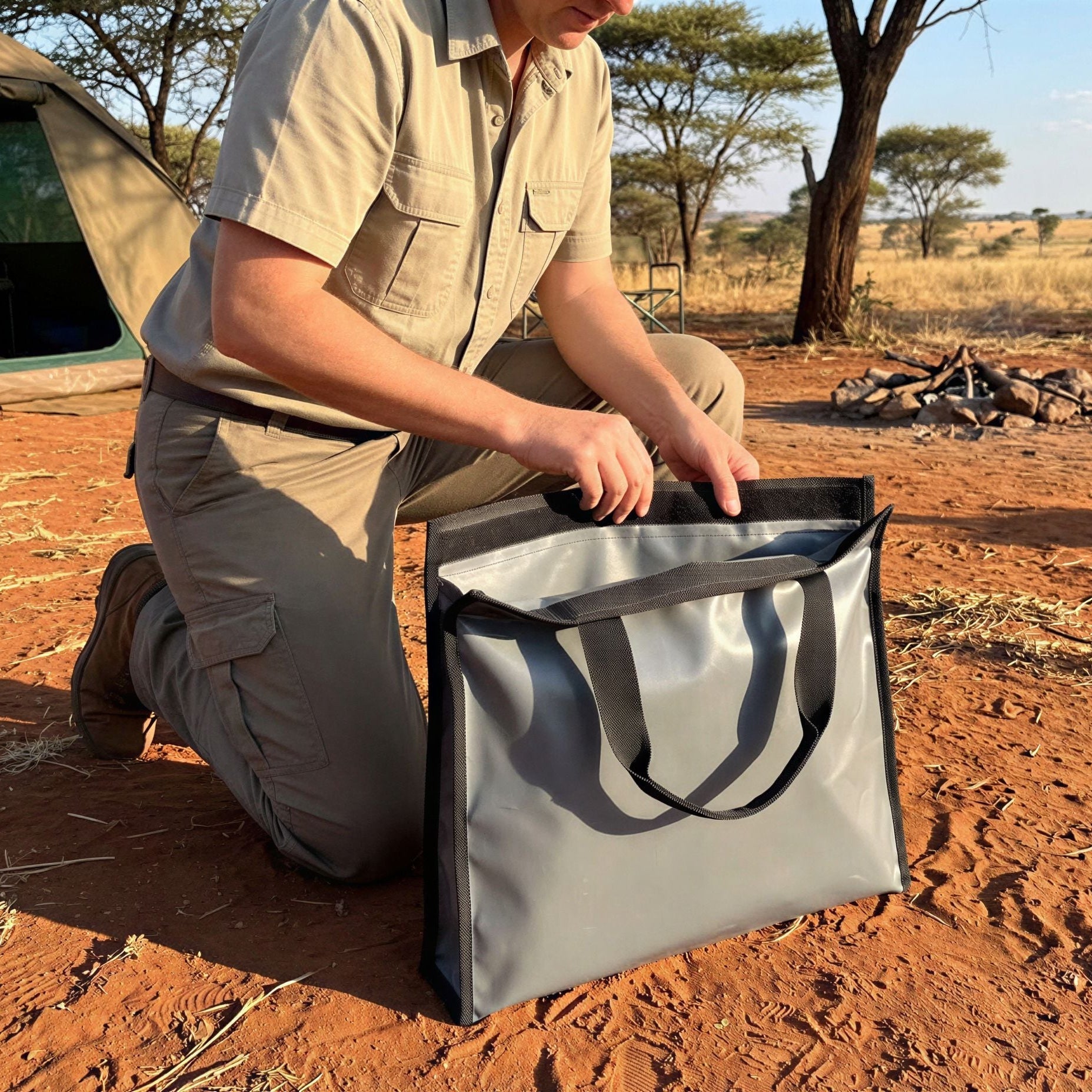 Stainless steel camping braai made of corrosion-resistant 3CR12 steel with flat-pack design and carry bag for overlanding use
