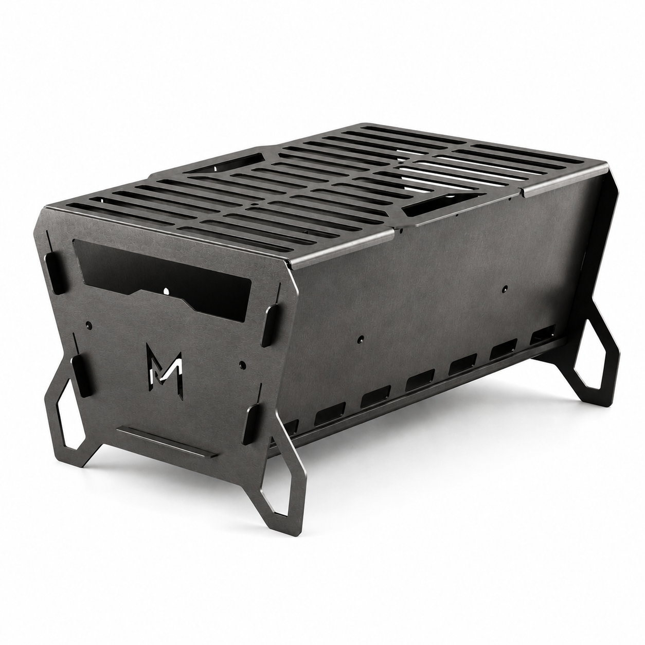 Stainless steel camping braai made from corrosion-resistant 3CR12 steel with flat-pack design and carry bag