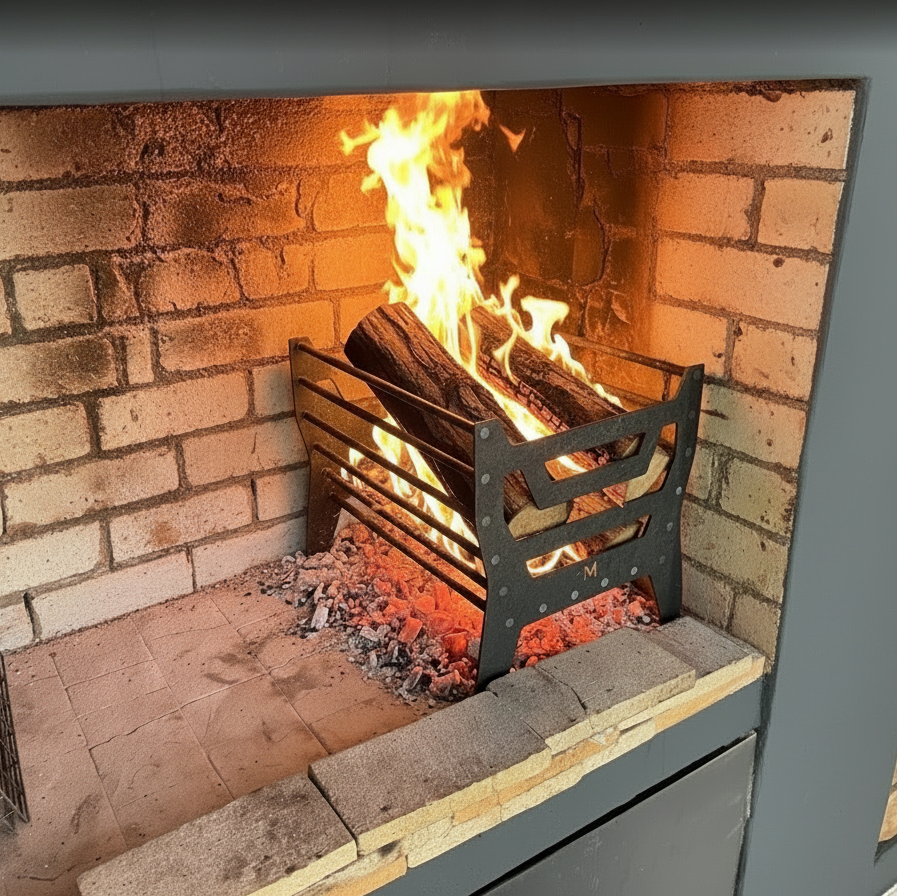 Fireplace with burning logs inside a brick fireplace.