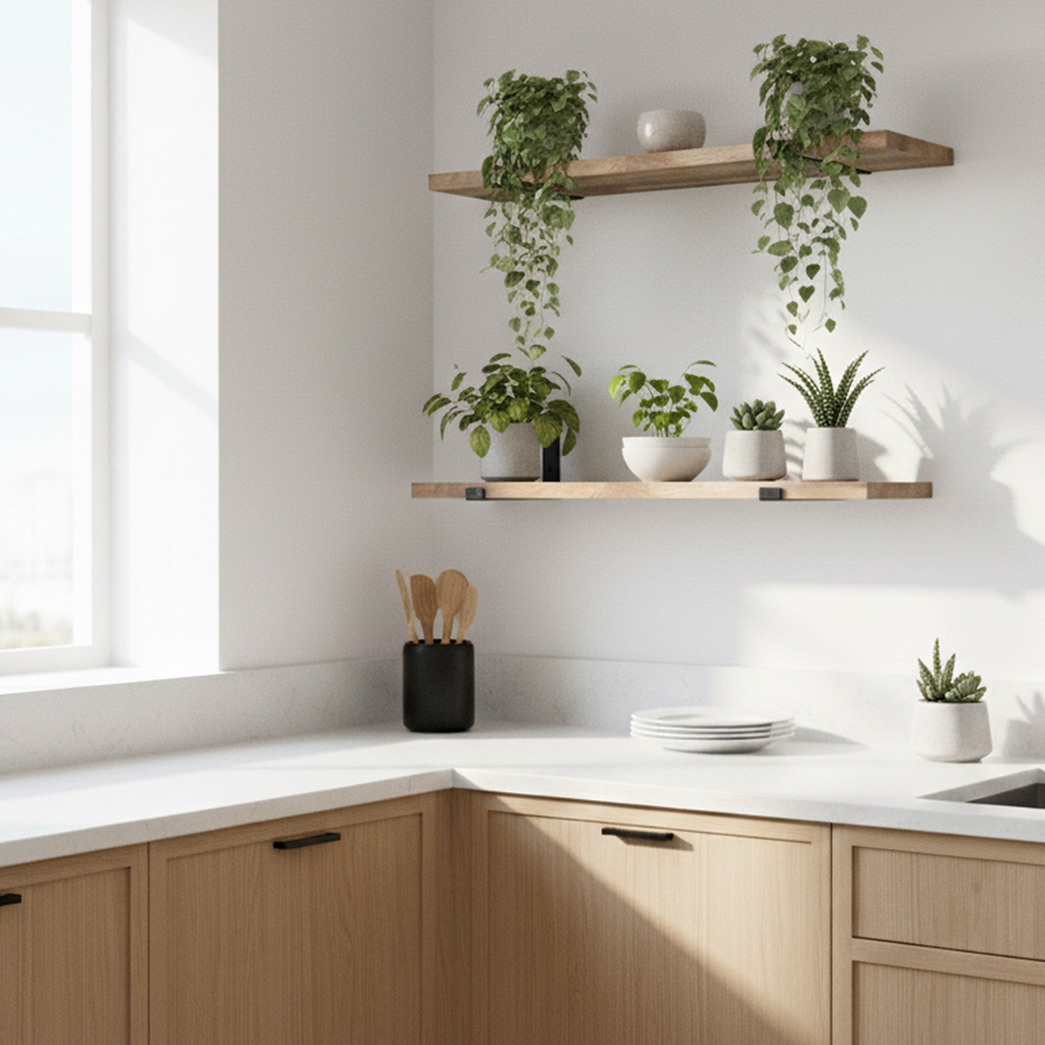 Modern kitchen corner with wooden shelves supported by heavy duty steel shelf brackets holding plants and decor