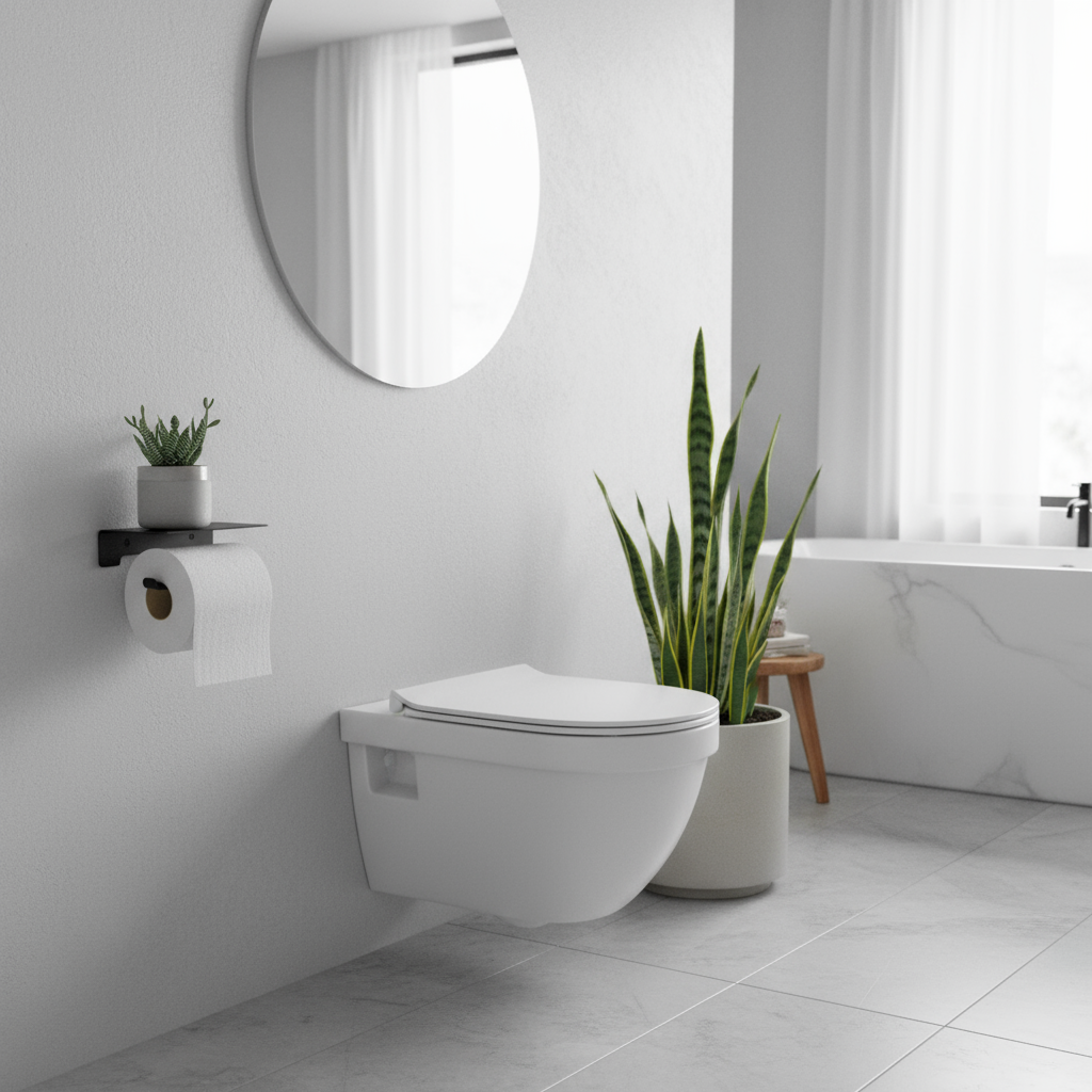 Modern black metal toilet roll holder with integrated shelf in a minimalist bathroom setting