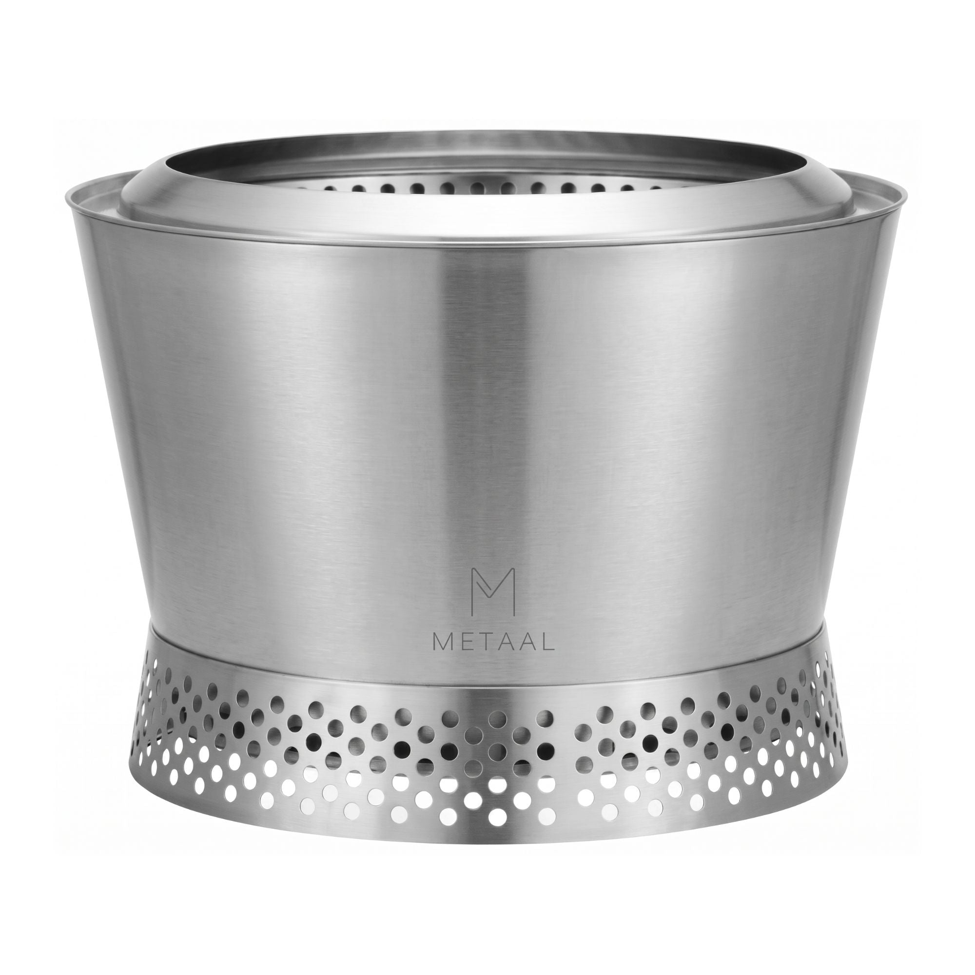 Metaal Foundry Series smokeless fire pit in raw steel with smokeless double-wall design and glowing embers