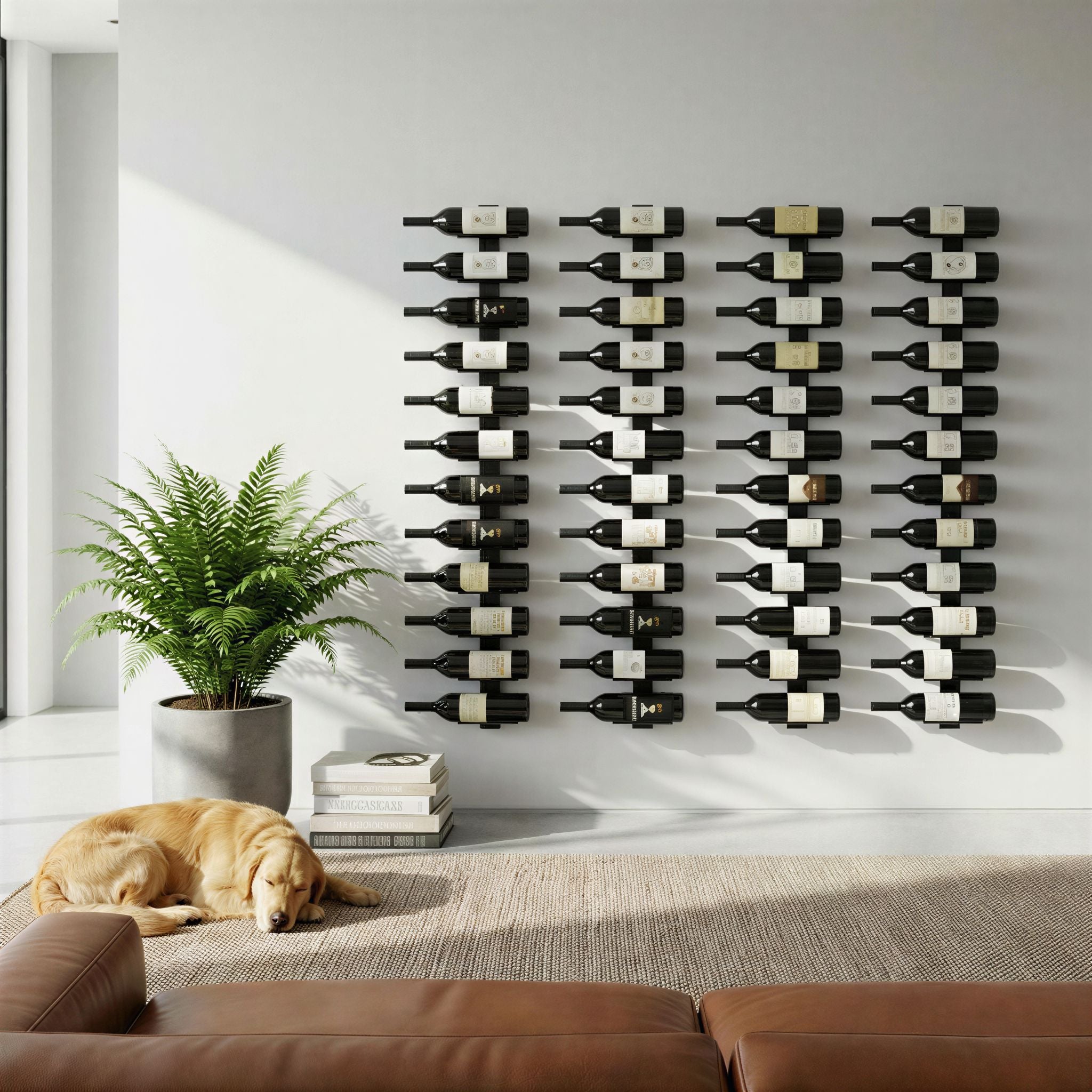 Wine bottles arranged in a grid on a wall in a modern living room with a dog lying on the floor.
