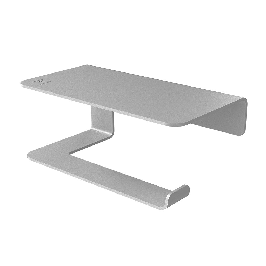Sophisticated Metaal toilet roll holder with integrated phone shelf, powder-coated finish.