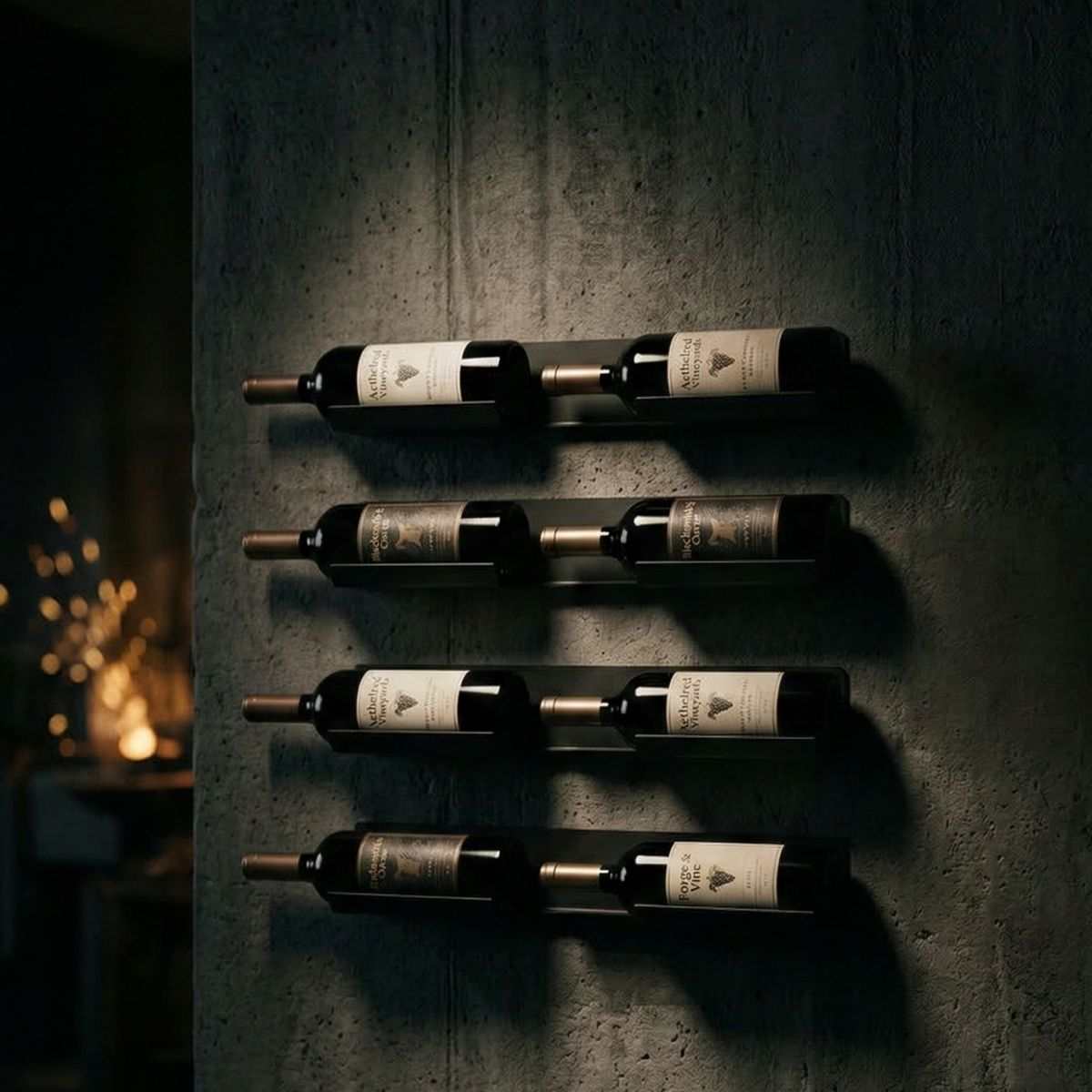 Wall mounted wine bottle bracket holding two wine bottles in minimalist design