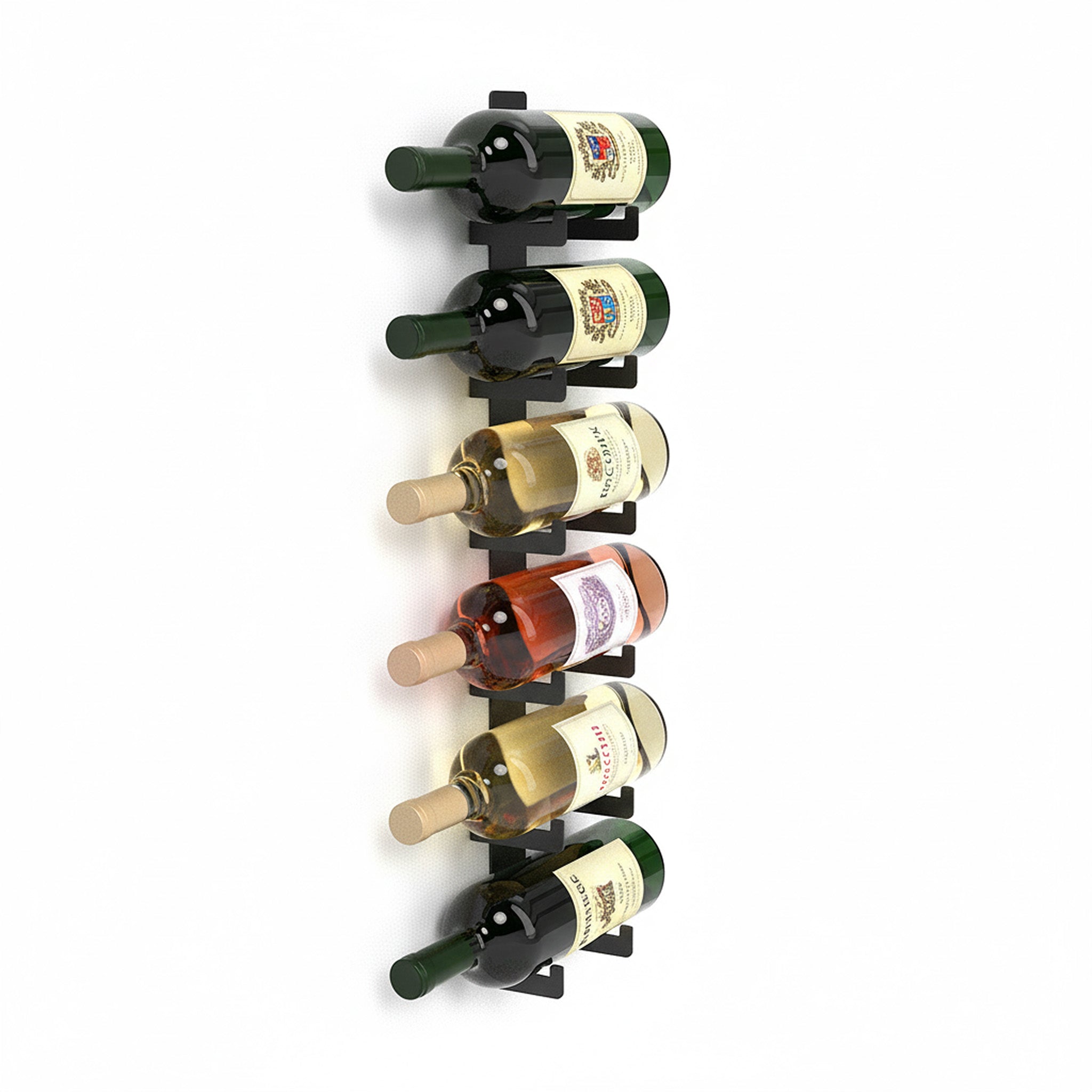 Wall mounted wine rack holding six bottles in a vertical minimalist black metal design