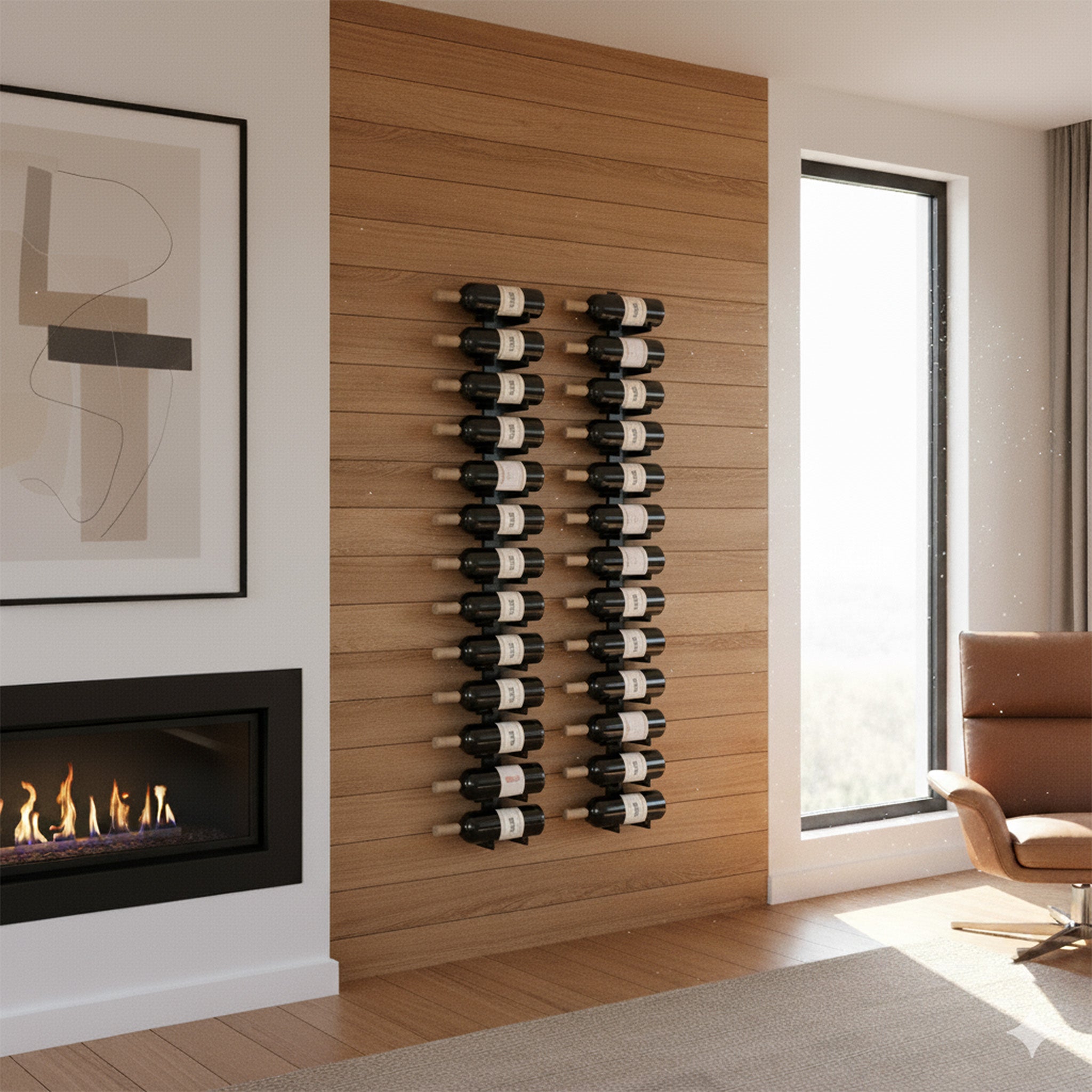 Minimalist wall mounted wine rack holding six bottles on wooden panel in modern living room with fireplace and large window