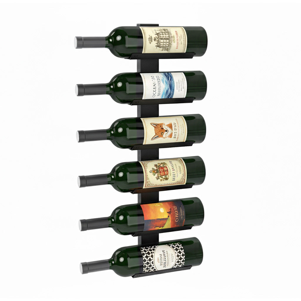 Modern wall mounted wine rack holding six bottles in a vertical minimalist design