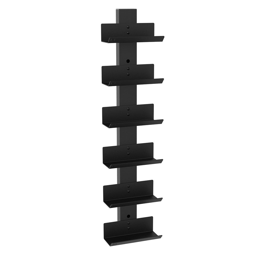 Black metal wall mounted wine rack holding six bottles with minimalist design
