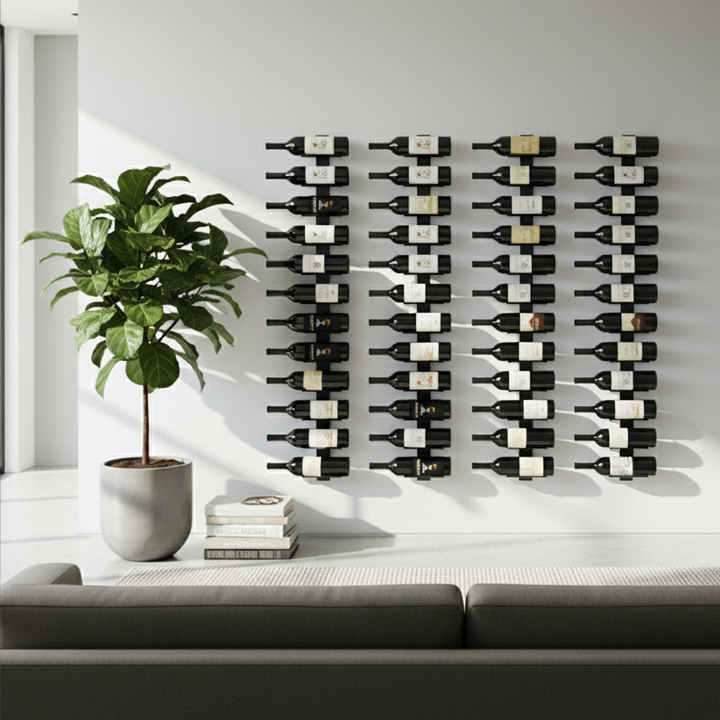 Modern wall mounted wine rack holding 6 bottles each in a minimalist living room setting