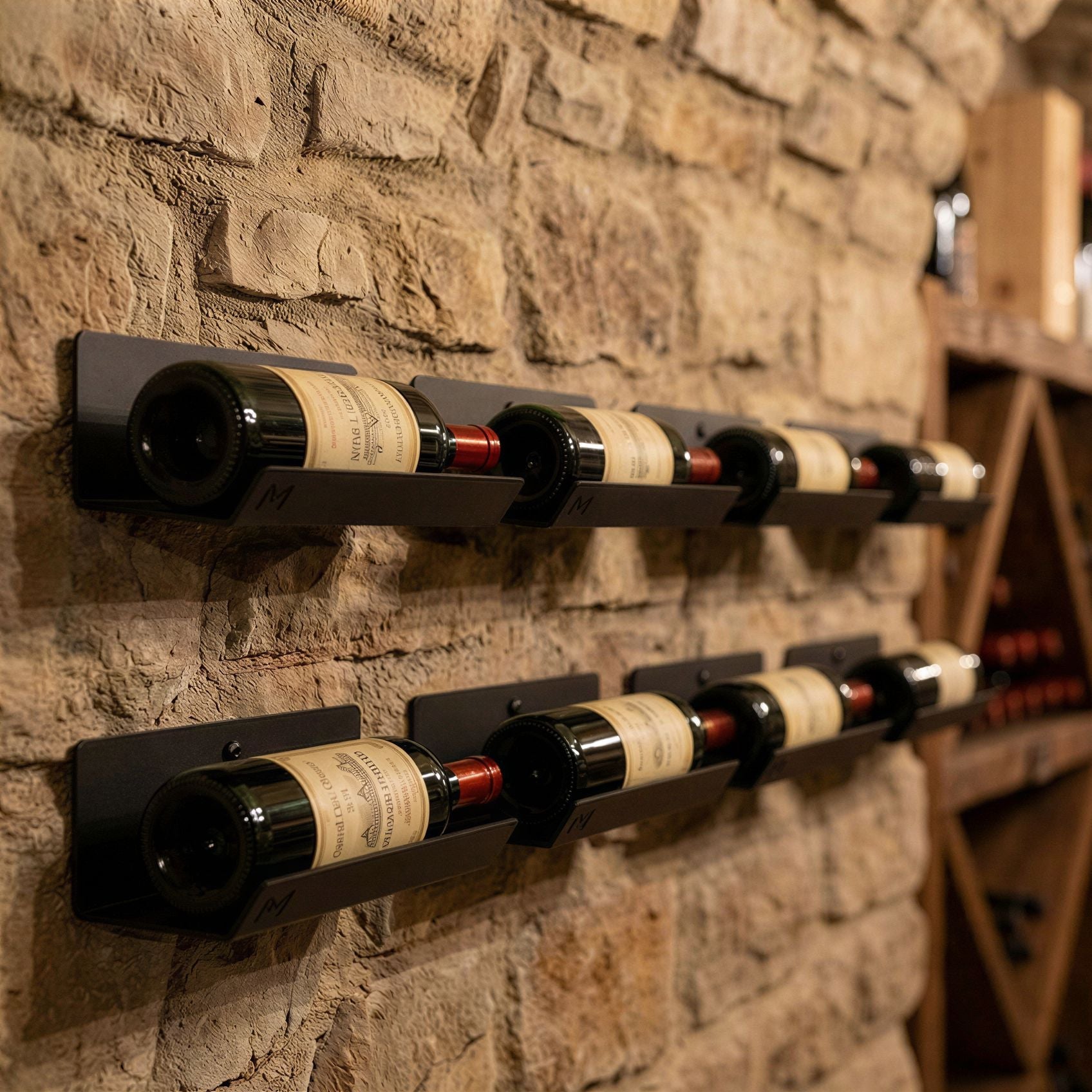 Wine bottles on a wall-mounted rack against a stone wall in a wine cellar.